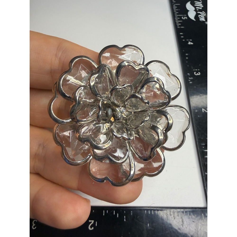 Silver Tone Clear Petal Flower Brooch Rhinestone Center Floral Pin 2.25 Inch